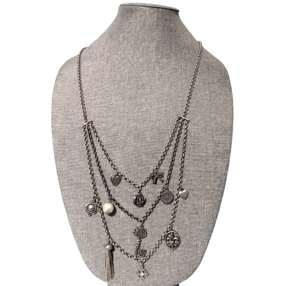American Eagle Silver Tone Triple Strand Layered Heart Key Rose Charm Necklace - Picture 1 of 4